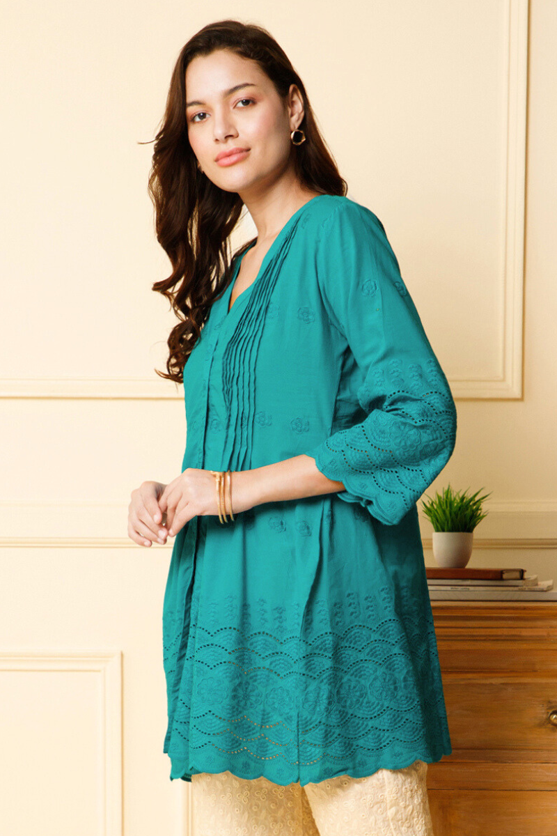 Pintucks schiffli cutwork colour kurti