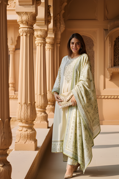 Elegant Emarald Fern Kurta Dupatta -Cream Kurta Set