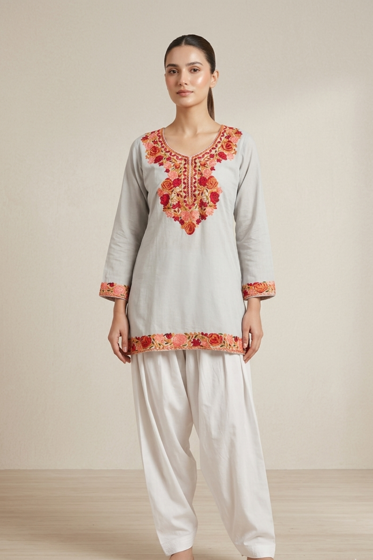 Kashmiri Embroidery Short Kurti With Pocket