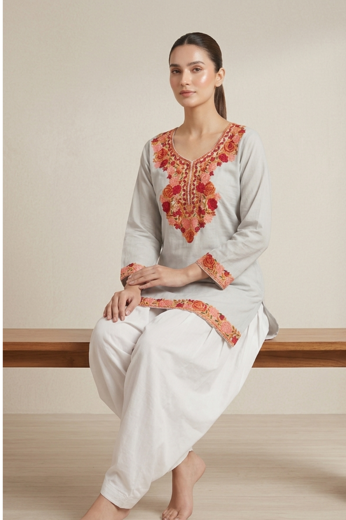 Kashmiri Embroidery Short Kurti With Pocket