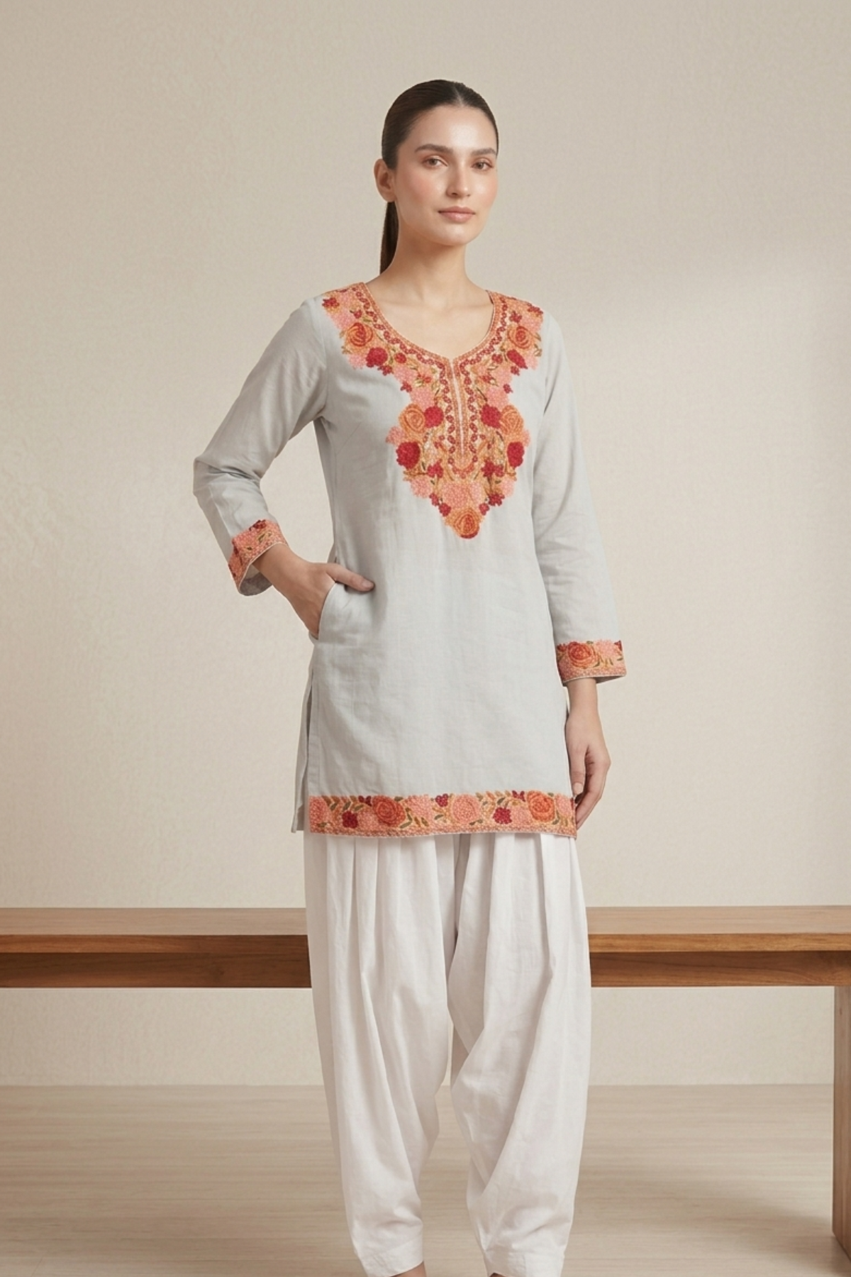 Kashmiri Embroidery Short Kurti With Pocket