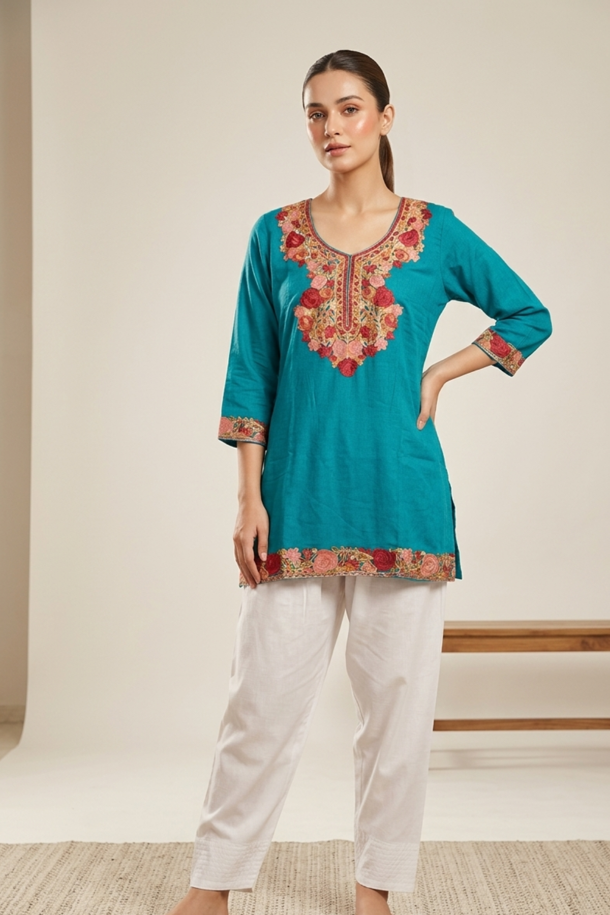 Kashmiri Embroidery Short Kurti With Pocket