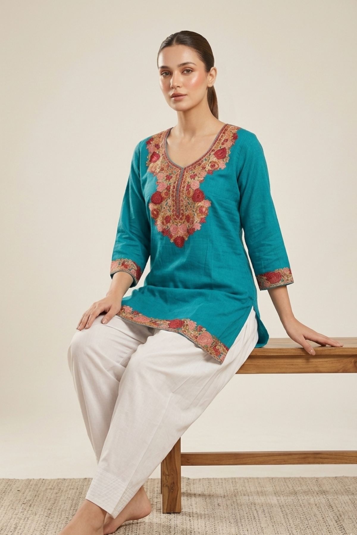 Kashmiri Embroidery Short Kurti With Pocket