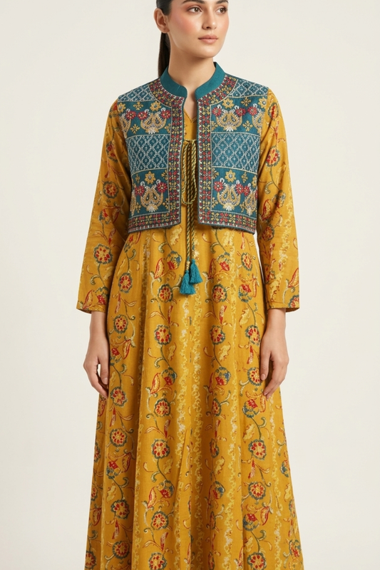 Long Print Kurti With Embroidery Jacket