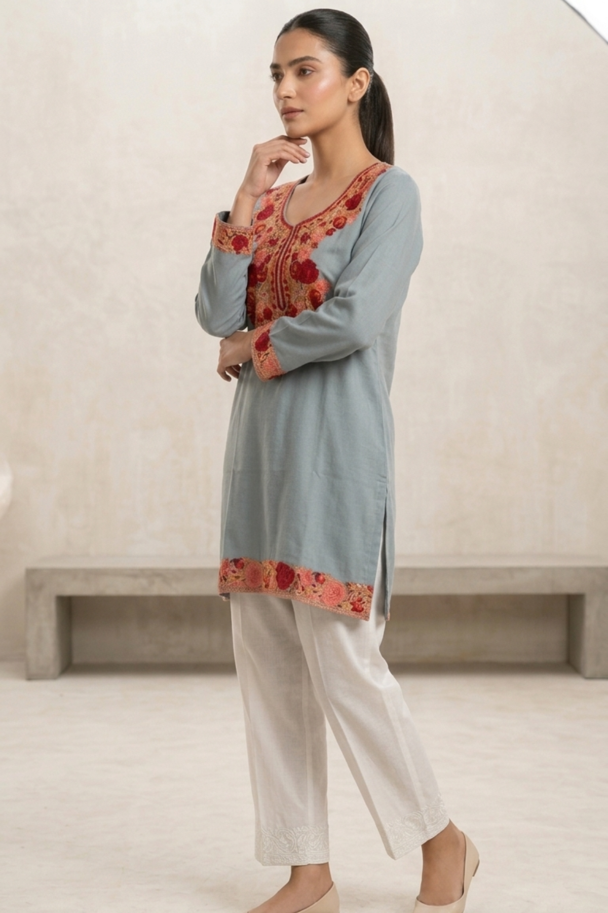 Kashmiri Embroidery Short Kurti With Pocket