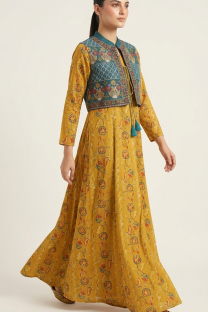 Long Print Kurti With Embroidery Jacket