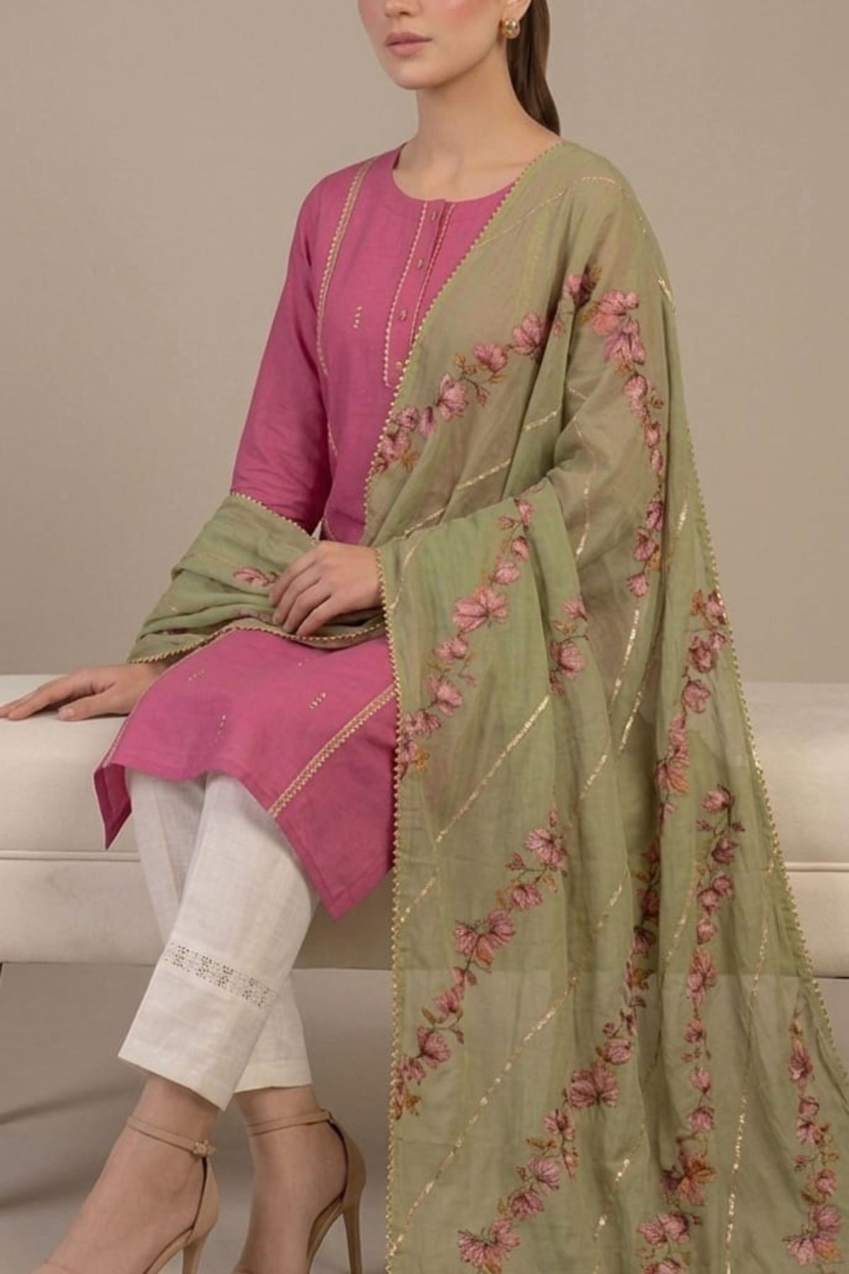 Magenta Cotton Pintex With 3Pcs Set