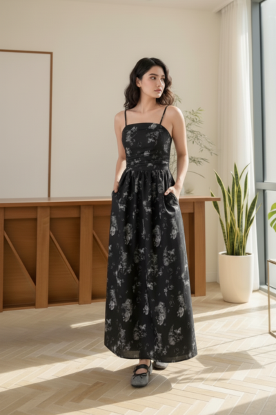 Butterfly Denim Maxi Dress with Cover Up