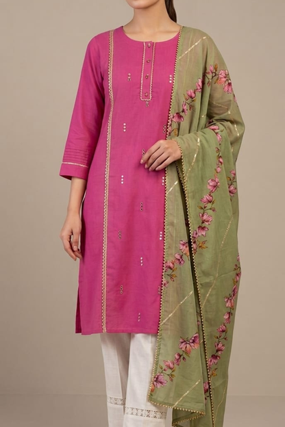 Magenta Cotton Pintex With 3Pcs Set