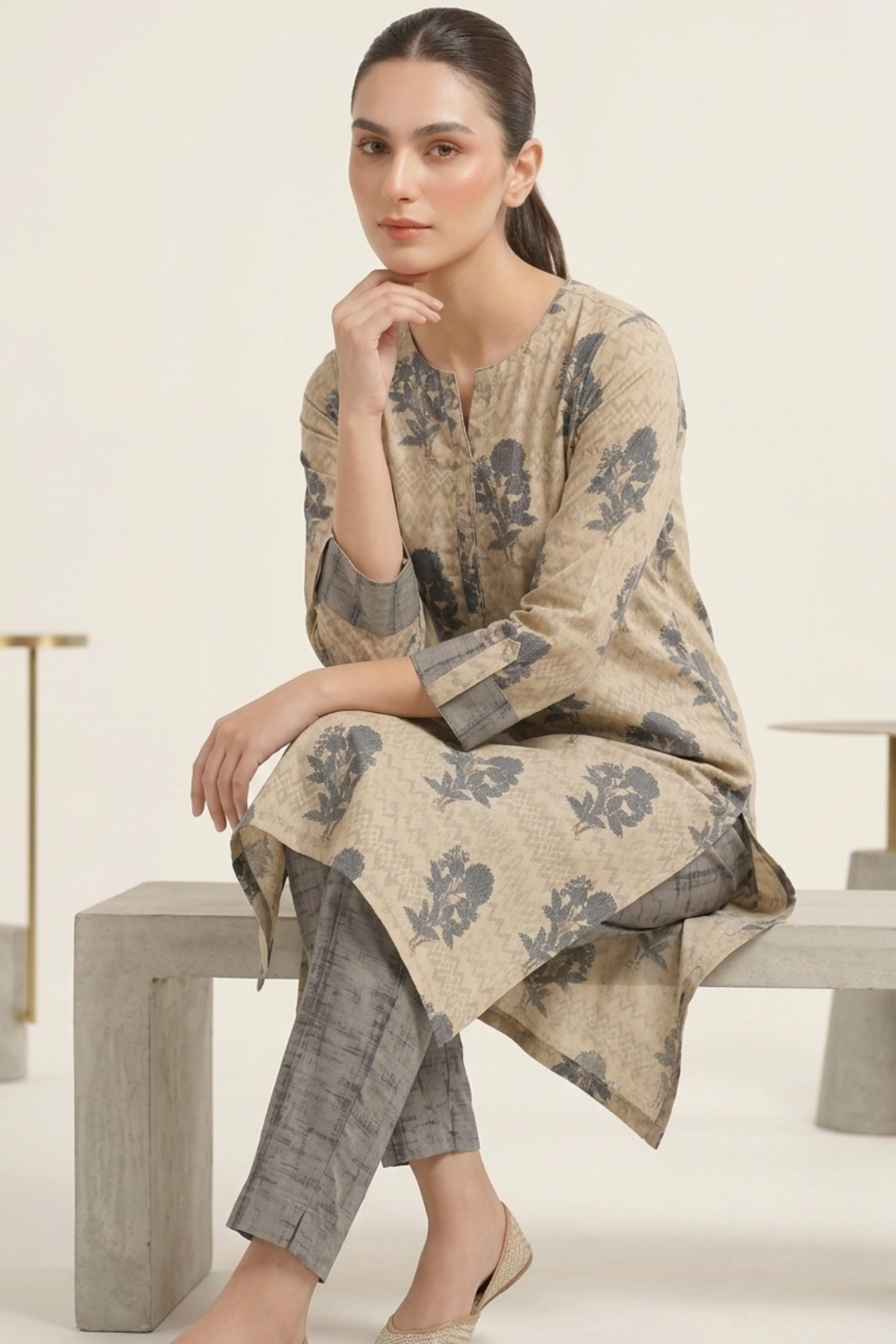 Grey Gold Kurti Plazo Set