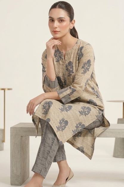 Grey Gold Kurti Plazo Set