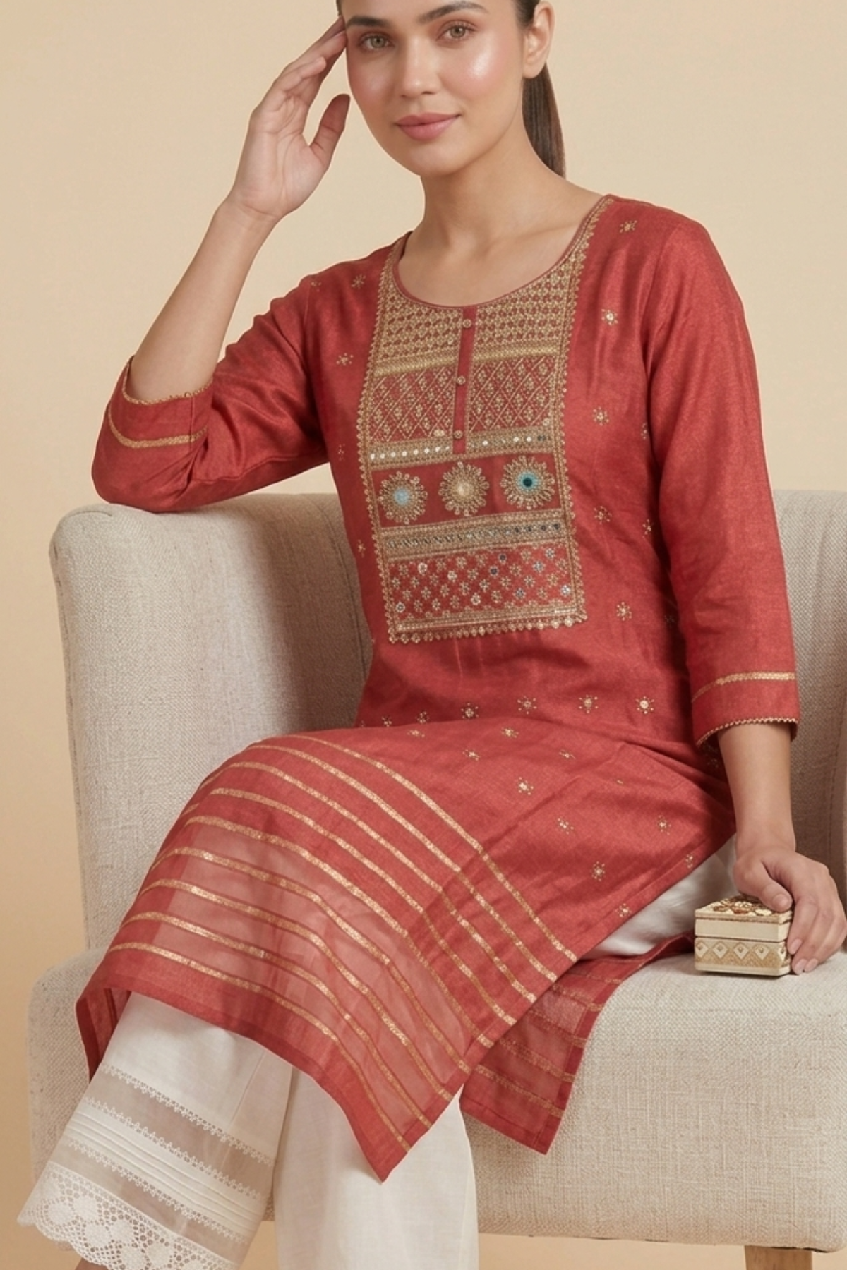 Zari Embroidery Chanderi Kurti