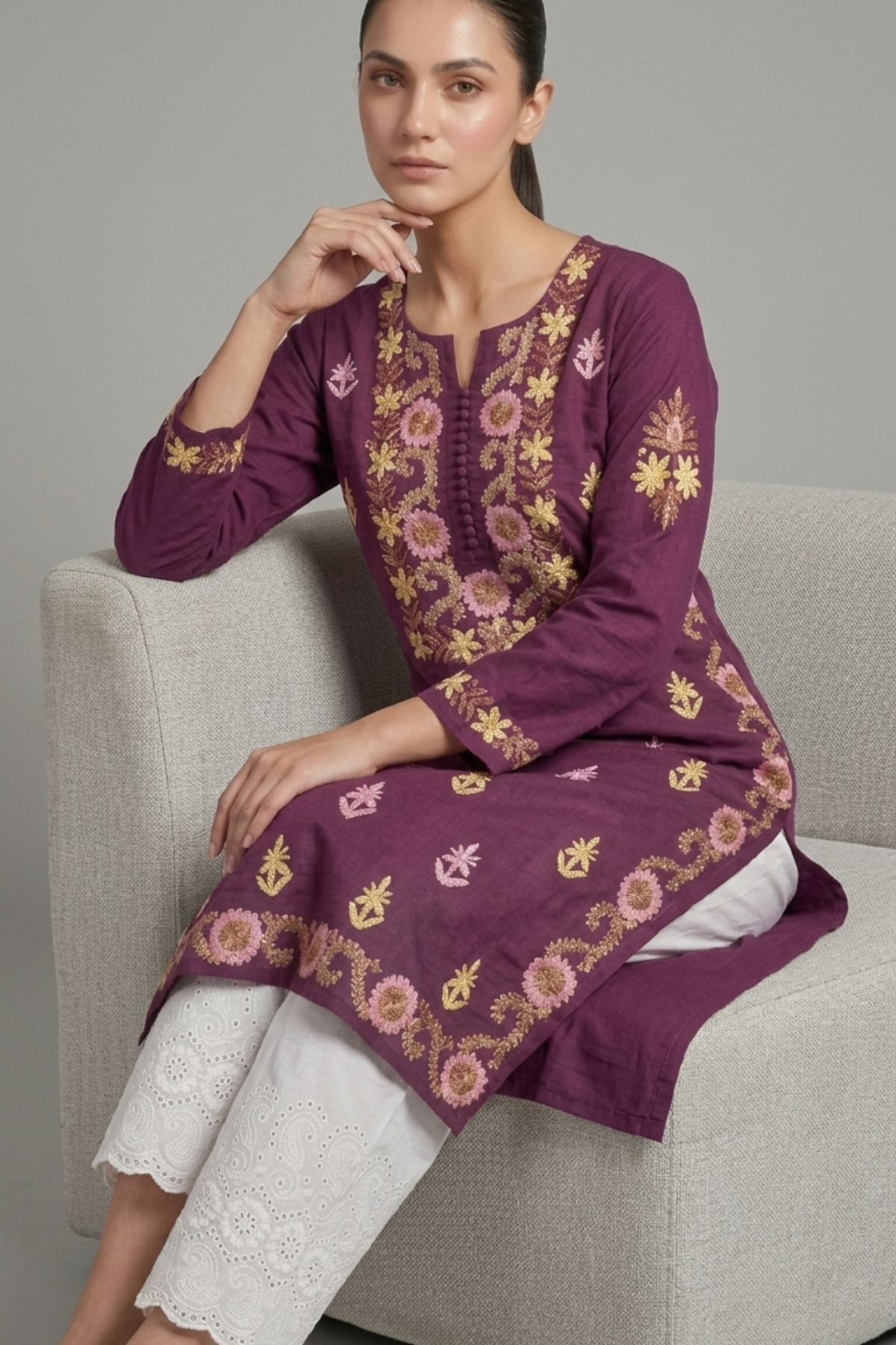Rayon Multi Thread Kashmiri Work Kurti