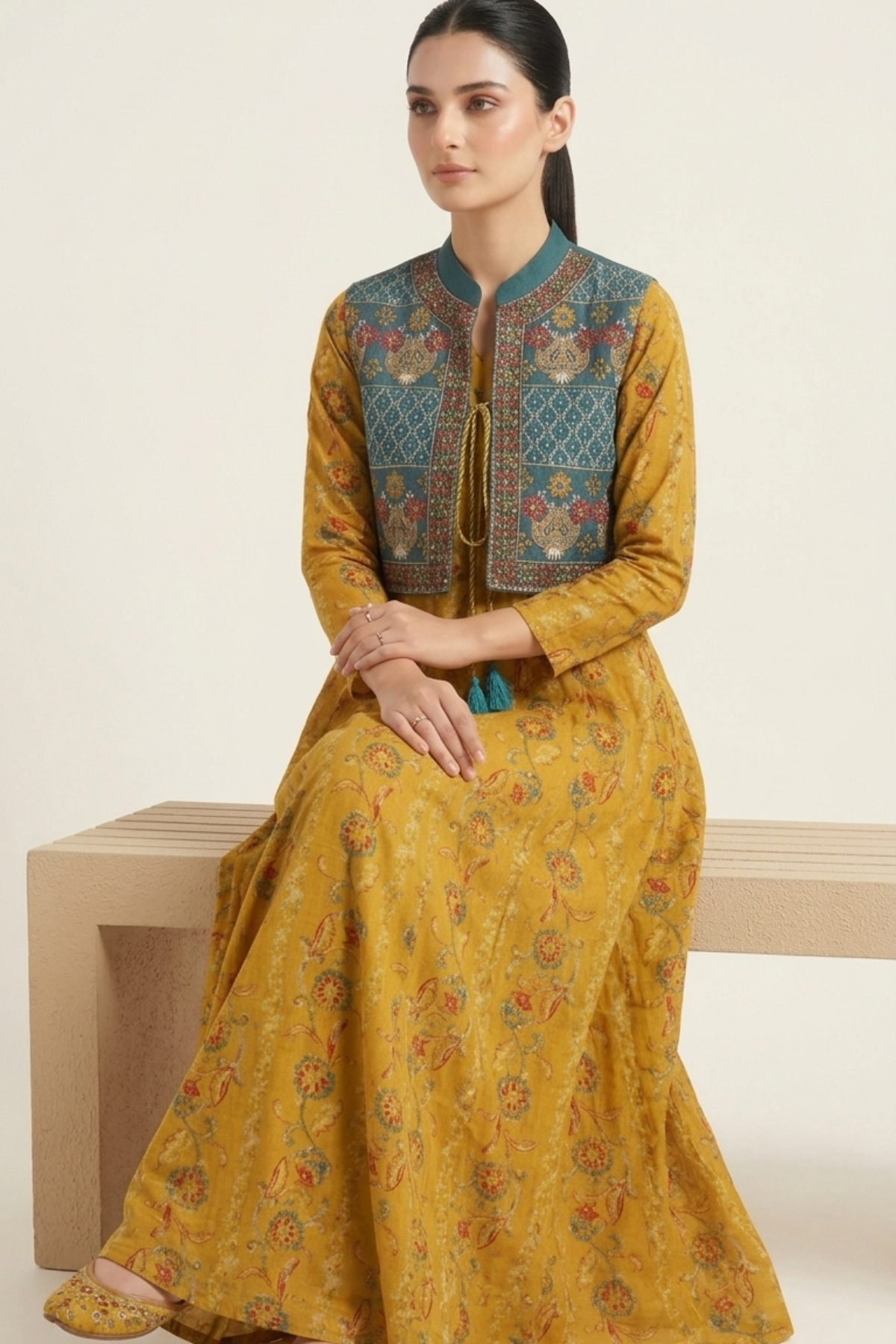 Long Print Kurti With Embroidery Jacket