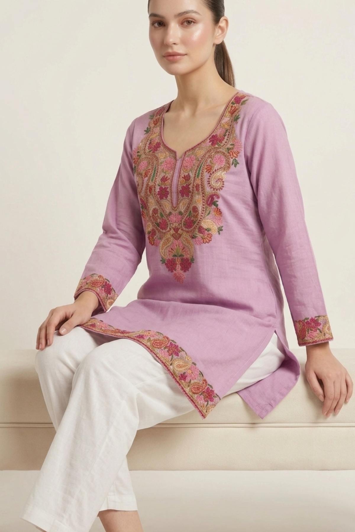 Kashmiri Embroidery Short Kurti With Pocket