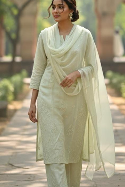 Pure Chanderi Muslin Handwork 3pc Set