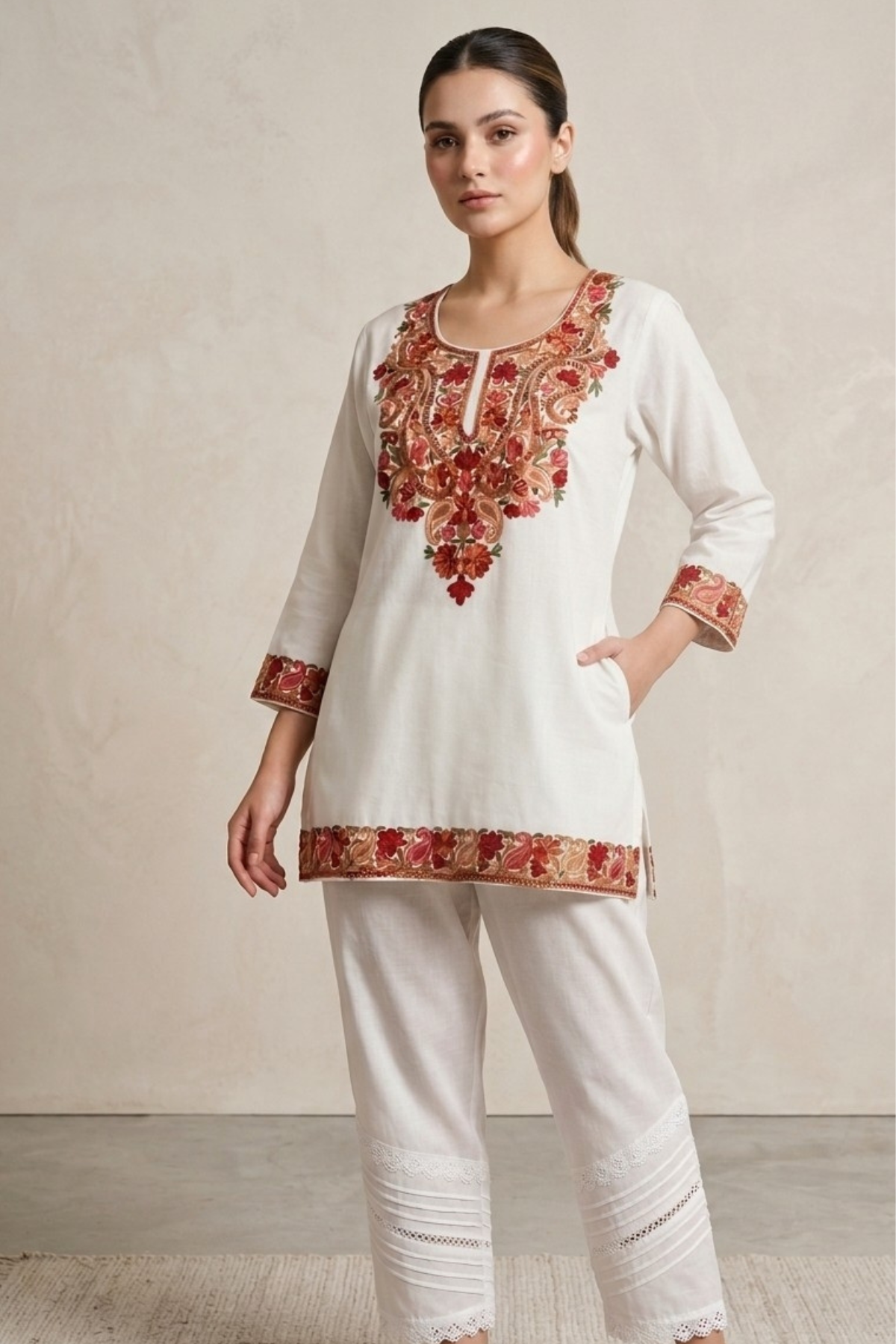 Kashmiri Embroidery Short Kurti With Pocket
