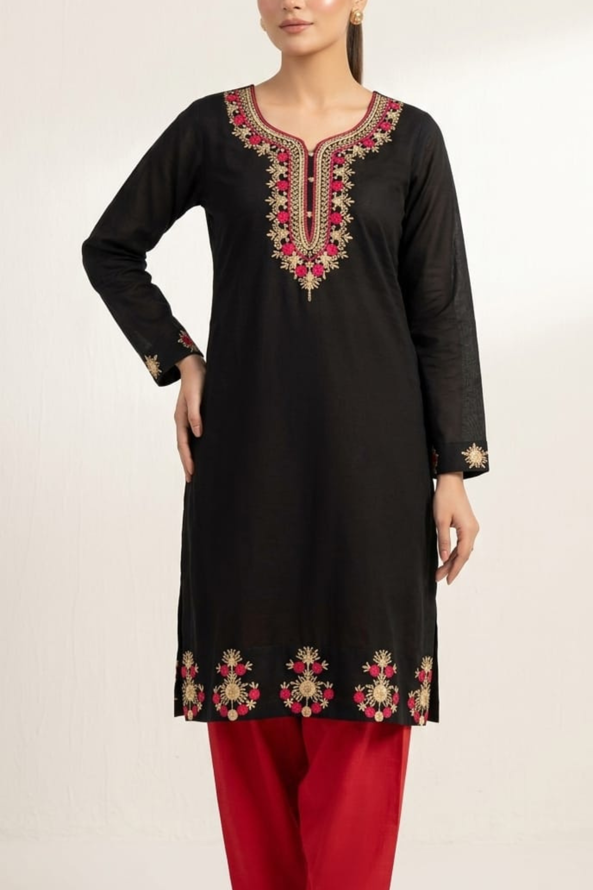 Embroidered Muslin Long Kurti