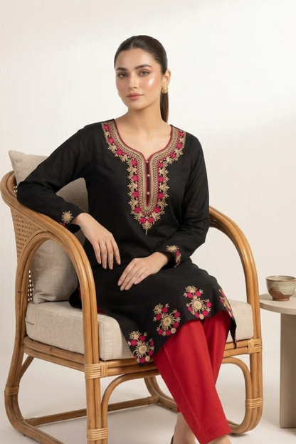 Embroidered Muslin Long Kurti