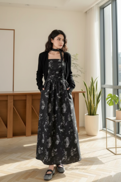 Butterfly Denim Maxi Dress with Cover Up