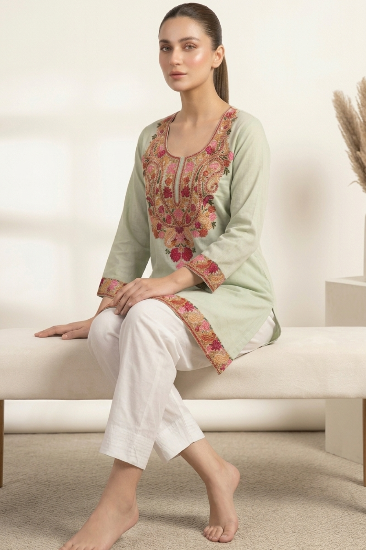 Kashmiri Embroidery Short Kurti With Pocket
