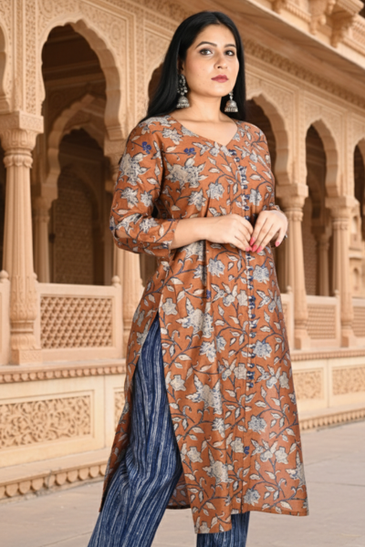 Coral Leheriya Kurti Plazzo Set