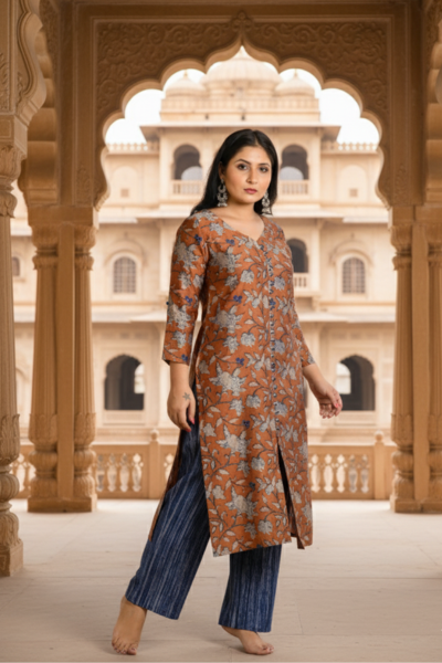 Coral Leheriya Kurti Plazzo Set