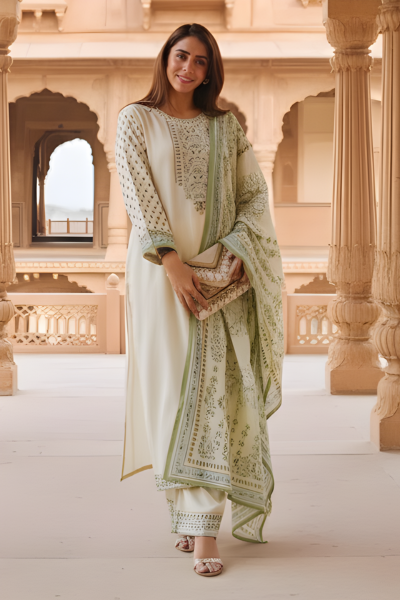 Elegant Emarald Fern Kurta Dupatta -Cream Kurta Set
