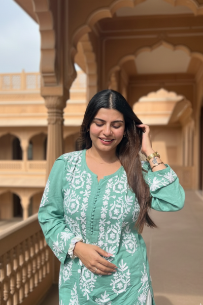cotton green kurta set for women