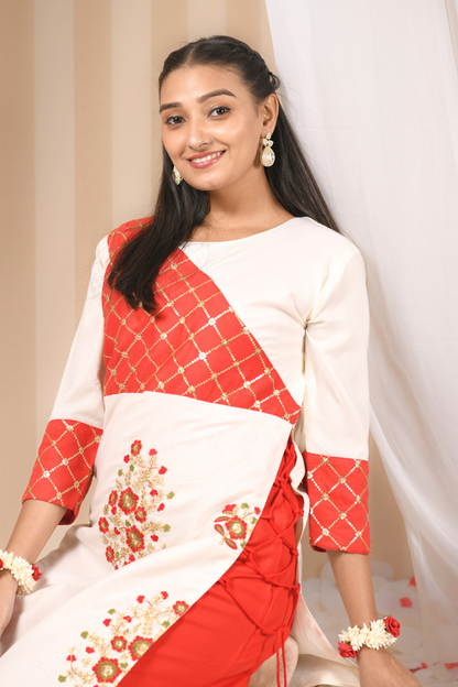 white kurti with red embroidery