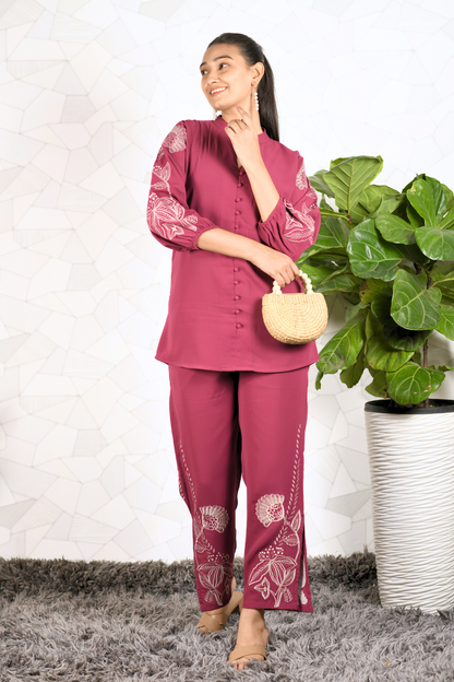 women maroon shirt pant
