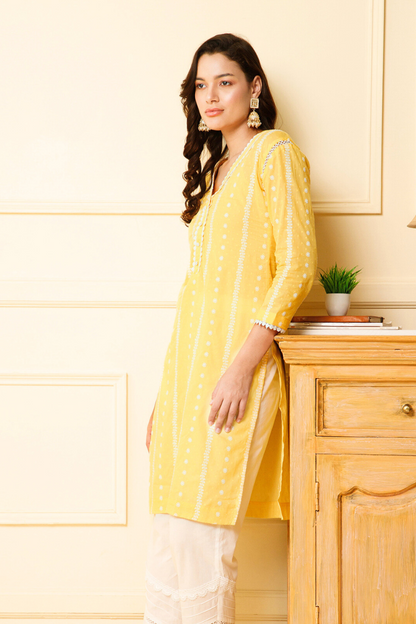 yellow cotton kurti set